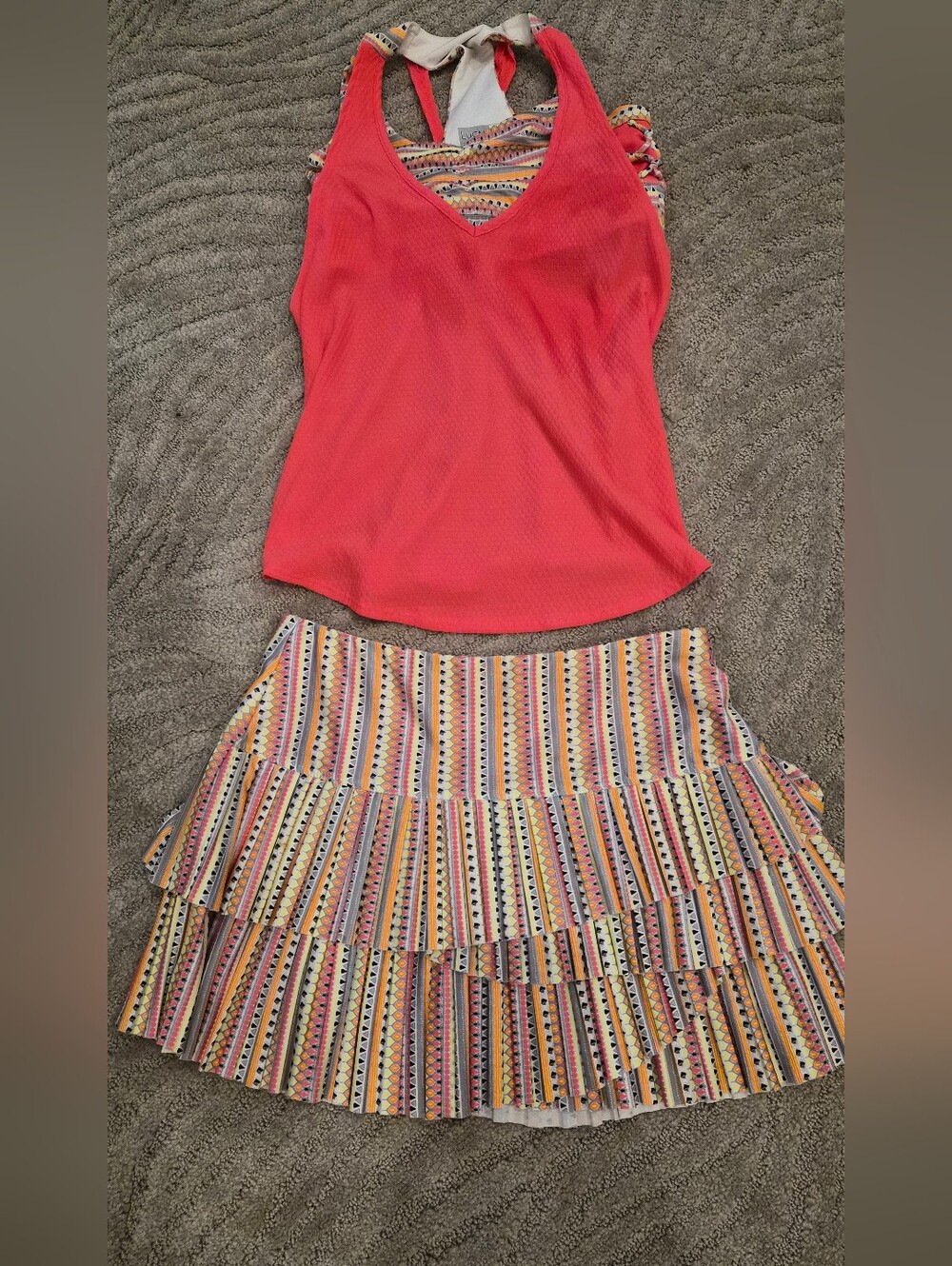 Lucky in Love 2 Piece Coral Athletic Tennis Set. Shirt And Skirt- Size Medium
